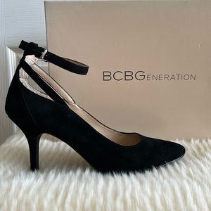 BCBGeneration, size 7.5, black suede pumps w/ankle strap, light wear, w/box